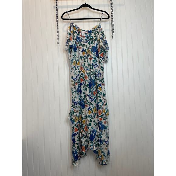 Parker Silk Cold Shoulder Floral Midi Dress Womens Size M Blue Asymmetrical - Picture 1 of 8